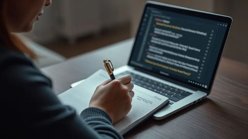 A photorealistic image of a person writing notes in a physical journal, referencing a laptop screen displaying a solved problem. The atmosphere is calm and reflective, representing the documentation and consolidation of urgent learning. Cinematic lighting, sharp focus on the journal and the person's thoughtful expression, depth of field blurring the background, 8K hyper-detailed, professional photography, shot on a high-end DSLR.