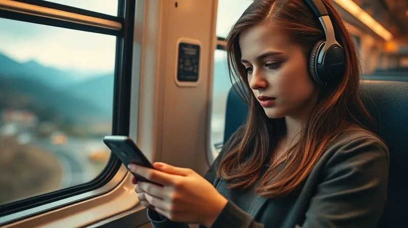 Photorealistic image of a young woman wearing headphones, deeply engrossed in her smartphone, while sitting on a train with scenic landscapes passing by outside the window. Her screen shows a language learning app or a podcast interface. Emphasize a sense of focused learning amidst travel. Cinematic lighting, sharp focus on her face and phone, depth of field blurring the background, 8K hyper-detailed, shot on a high-end DSLR.