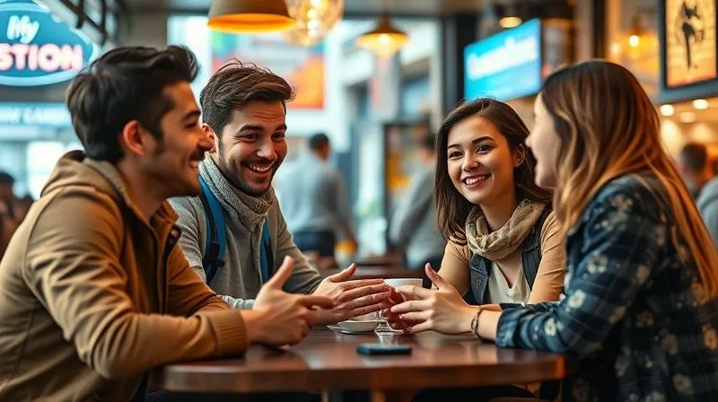 Photorealistic image of a diverse group of young people, including a nomad traveler, engaged in lively conversation at a bustling cafe in a foreign city. They are smiling, gesturing, and clearly practicing a new language together. Emphasize genuine connection and cultural exchange. Cinematic lighting, sharp focus on the group, depth of field blurring the cafe background, 8K hyper-detailed, shot on a high-end DSLR.