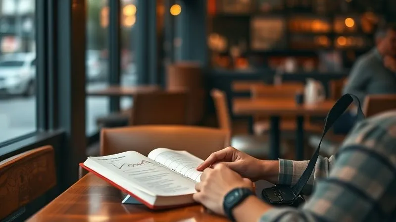 Photorealistic image of a nomad traveler sitting at a cafe, looking at a journal or a digital dashboard on a laptop, with a graph showing language learning progress over time. The graph should illustrate a positive, upward trend. Emphasize a sense of reflection and achievement. Cinematic lighting, sharp focus on the journal/screen, depth of field blurring the cafe, 8K hyper-detailed, shot on a high-end DSLR.