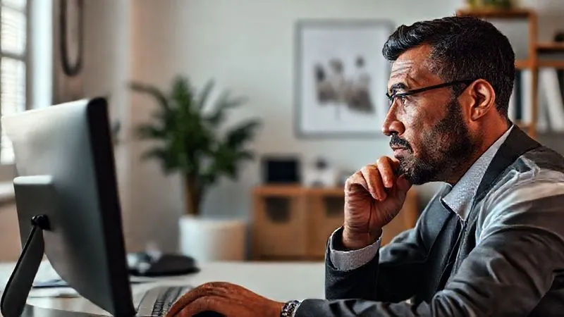 A photorealistic image of a thoughtful, well-dressed professional (male or female, diverse) looking intently at a high-resolution screen, surrounded by a minimalist, modern home office. The person's expression conveys deep thought and decision-making. Cinematic lighting, sharp focus on the person, depth of field, 8K hyper-detailed, professional photography, shot on a high-end DSLR.