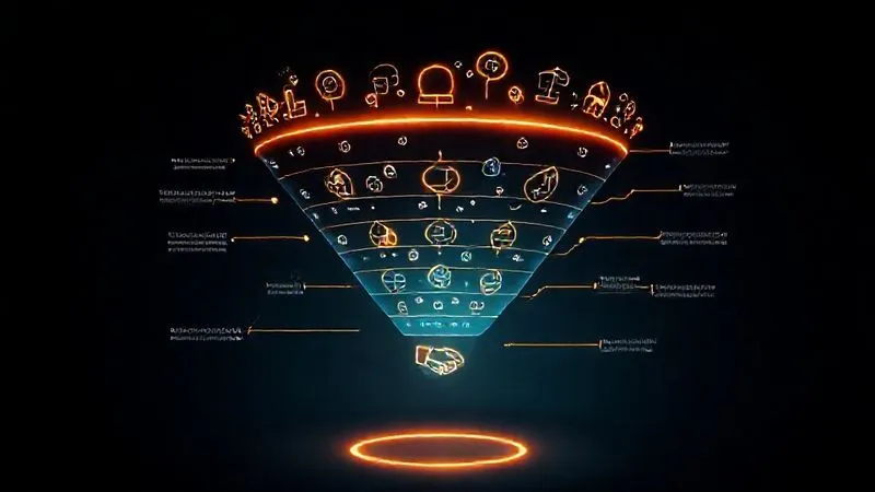 A photorealistic diagram of a sales funnel, elegantly designed with glowing lines representing the flow of premium clients. The top of the funnel is wide with diverse content icons, narrowing down to a focused point at the bottom with a handshake or success icon. Cinematic lighting, sharp focus, depth of field, 8K hyper-detailed, professional photography, shot on a high-end DSLR.