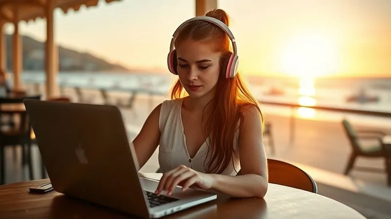 A photorealistic image of a digital nomad, laptop open, working from a beautiful beachside cafe, the sun setting in the background. She is wearing headphones, actively engaged in an online session, with a thoughtful expression. The scene conveys freedom, focus, and the blend of work and lifestyle. Cinematic lighting, sharp focus on the nomad and screen, depth of field blurring the background, 8K hyper-detailed.