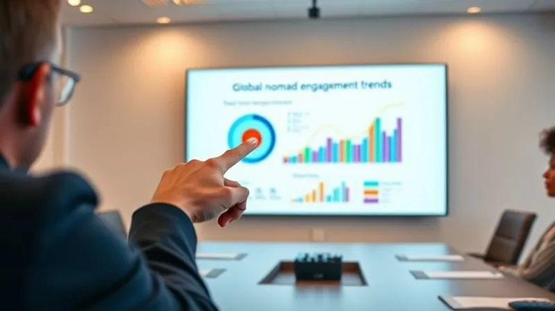 A photorealistic, professional photography, 8K, cinematic lighting, sharp focus, depth of field, shot on a high-end DSLR, showing a visually stunning presentation slide on a large screen in a modern, well-lit virtual meeting room. The slide features a clean design with a striking infographic about global nomad engagement trends, using vibrant colors and clear data visualization. A hand points to a key metric on the screen, indicating interaction and clarity.
