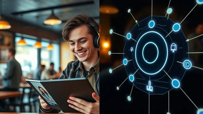 A photorealistic, professional photography, 8K, cinematic lighting, sharp focus, depth of field, shot on a high-end DSLR, showing a split screen view. On one side, a digital nomad is on a video call in a bustling cafe, using a tablet with headphones, but smiling and engaged. On the other side, a pristine, high-speed internet connection icon with glowing lines, symbolizing seamless connectivity and technical optimization, ensuring a smooth online experience despite external challenges.