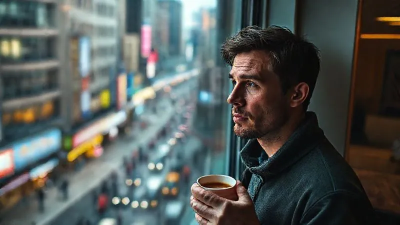 A photorealistic image of a solitary digital nomad looking out a window in a bustling, vibrant city, but with a contemplative, slightly overwhelmed expression, holding a half-empty coffee cup. The street below is full of activity, contrasting with the nomad's internal state. Cinematic lighting, 8K, sharp focus on the nomad's face, depth of field blurring the city.