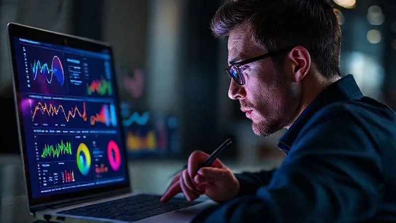 A photorealistic image of a person (gender neutral) intently looking at a digital dashboard on a laptop screen, displaying various colorful graphs and charts representing productivity metrics. The person has a thoughtful, analytical expression, with a pen in hand, suggesting deep reflection. Cinematic lighting, 8K, sharp focus on the screen and face, depth of field blurring the background.