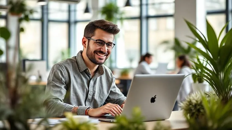A photorealistic image of a smiling digital nomad (male) working efficiently on a laptop in a bright, modern co-working space, surrounded by plants and natural light. He looks focused and content, perhaps making a gesture of accomplishment. Cinematic lighting, 8K, sharp focus on the nomad, depth of field blurring the background co-workers.