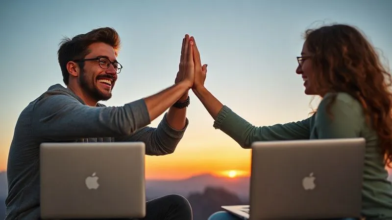 A photorealistic image of two digital nomads (one male, one female) high-fiving each other enthusiastically on a scenic mountain top at sunset, with laptops visible nearby. They are smiling and radiating positive energy, symbolizing shared success, community, and overcoming challenges. Cinematic lighting, 8K, sharp focus on the high-five, depth of field blurring the breathtaking landscape.