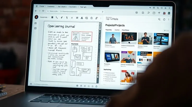 A photorealistic image of a digital nomad's laptop screen showing an open learning journal application with handwritten notes and diagrams, alongside a professional online portfolio displaying various projects. Cinematic lighting, sharp focus on the screen content, depth of field blurring the background. 8K hyper-detailed, professional photography, shot on a high-end DSLR.