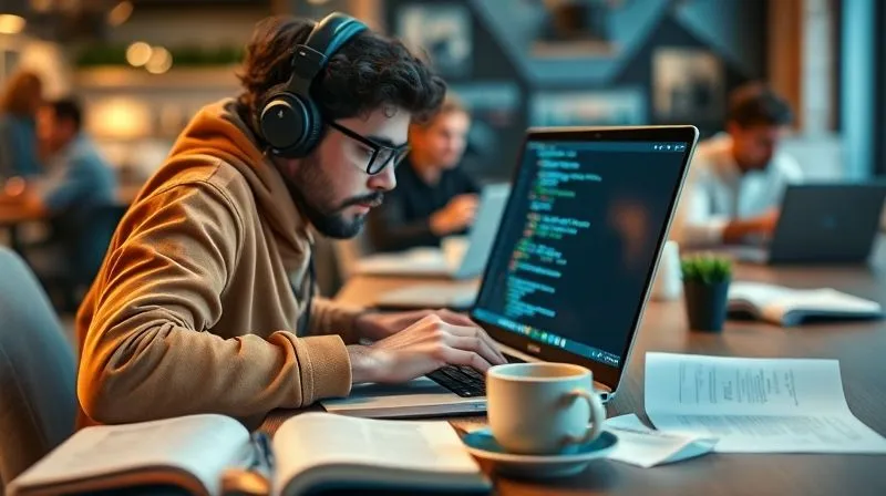 A photorealistic image of a digital nomad working intensely on a complex coding project on a laptop, surrounded by open notebooks and coffee. The scene is set in a vibrant co-working space, with other focused individuals in the blurred background. Cinematic lighting, sharp focus on the coding screen, depth of field. 8K hyper-detailed, professional photography, shot on a high-end DSLR.