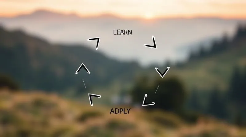 A photorealistic image of a circular diagram representing a continuous learning cycle: 'Plan', 'Learn', 'Apply', 'Assess', 'Adapt', with arrows indicating flow. The diagram is clean and modern, set against a blurred background of a serene, inspiring landscape where a digital nomad might work. Cinematic lighting, sharp focus on the diagram, depth of field. 8K hyper-detailed, professional photography, shot on a high-end DSLR.