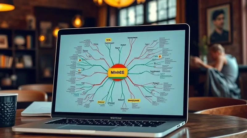 A photorealistic image of a digital mind map, brightly colored nodes connecting complex ideas, displayed on a laptop screen in a cozy cafe, with a traveler's backpack slightly visible in the background. Cinematic lighting, sharp focus on the mind map details, 8K hyper-detailed, professional photography.