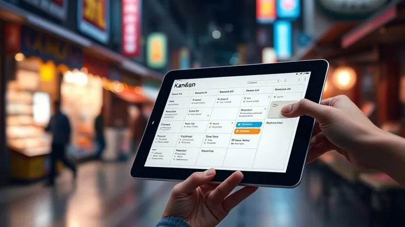 A photorealistic image of a sleek digital Kanban board on a tablet screen, showing tasks moving from 'To Do' to 'Done', with a hand dragging a card. The background is a blurred, vibrant street market in a foreign city, symbolizing mobility. Cinematic lighting, sharp focus on the tablet, 8K hyper-detailed, professional photography.