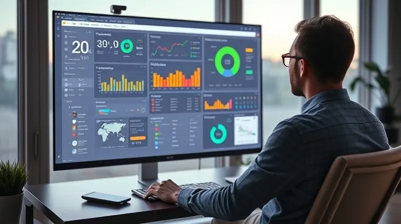 A photorealistic image of a person analyzing a complex data visualization dashboard on a large monitor, with vibrant charts and graphs showing project progress and user feedback. The setting is a modern, minimalist home office in a scenic location, emphasizing clarity and focus. Cinematic lighting, sharp focus on the screen, 8K hyper-detailed, professional photography.