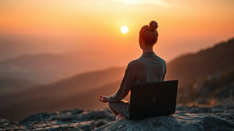 A photorealistic image of a digital nomad meditating peacefully at sunrise on a mountain top, laptop closed beside them, symbolizing mental clarity and balance amidst a busy lifestyle. Soft, golden cinematic lighting, sharp focus on the person, depth of field blurring the distant landscape, 8K hyper-detailed, professional photography.