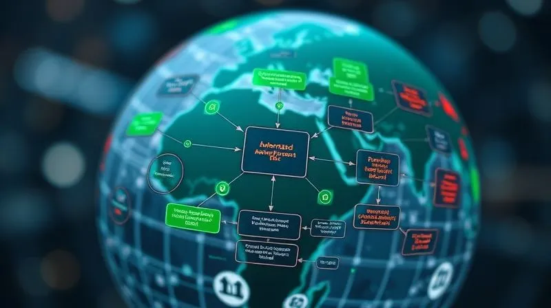 A photorealistic image showing a complex flowchart diagram with various interconnected nodes representing communication processes and data flows within a remote team, with some paths highlighted in green to denote automated segments and others in red as bottlenecks. Cinematic lighting, sharp focus on the diagram, depth of field blurring a background of a globe. 8K hyper-detailed, professional photography, shot on a high-end DSLR.