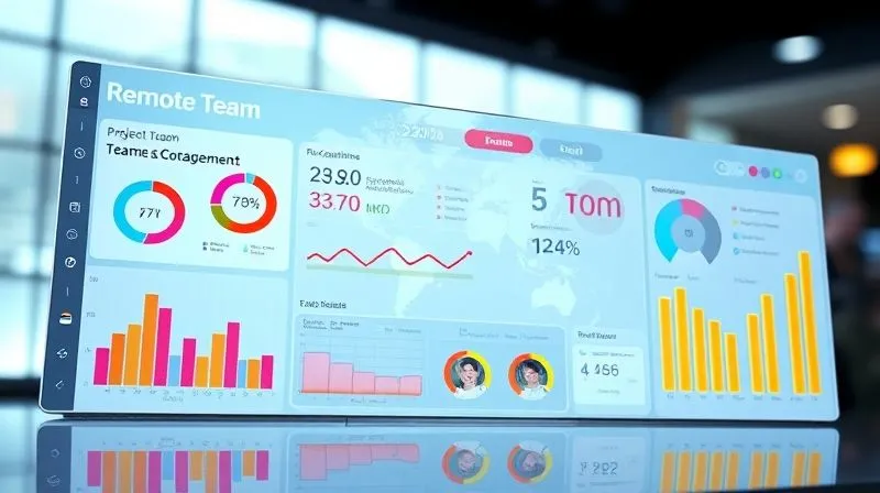 A photorealistic image of a sleek, futuristic digital dashboard displaying various performance metrics for a remote team. Graphs show project completion rates, team engagement scores, and communication frequency. The dashboard is clean, with vibrant data visualizations, set against a blurred background of a global map. Cinematic lighting, sharp focus on the data, depth of field. 8K hyper-detailed, professional photography, shot on a high-end DSLR.