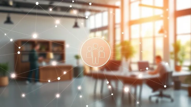 A photorealistic image of a glowing, interconnected network of digital information nodes, forming a complex web. In the center, a stylized icon of a diverse team collaborating. The background is a gently blurred, sunlit open-plan office setting, symbolizing the organizational structure supporting remote work. Cinematic lighting, sharp focus on the network, depth of field. 8K hyper-detailed, professional photography, shot on a high-end DSLR.