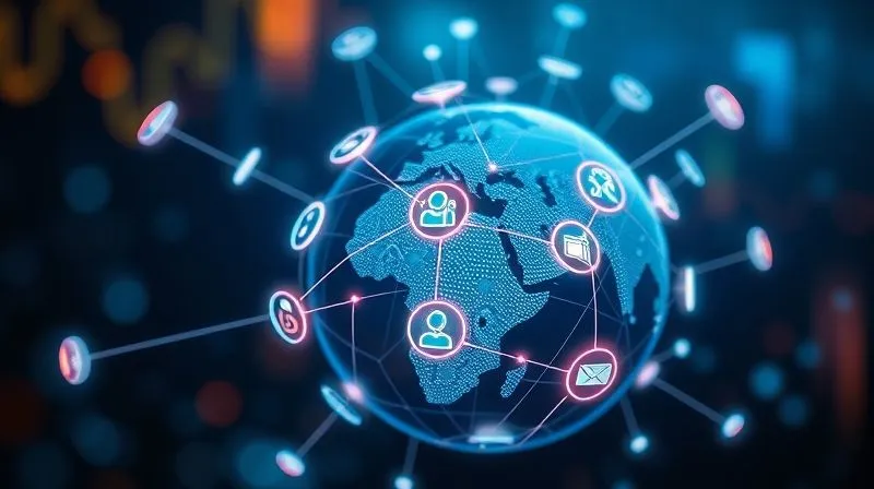 A photorealistic image of a vibrant, holographic network of interconnected digital tools and applications floating above a stylized globe. Lines of light connect icons representing communication platforms, project management software, and analytics dashboards, all seamlessly flowing into one central hub. Cinematic lighting, sharp focus on the interconnected icons, depth of field blurring the background. 8K hyper-detailed, professional photography, shot on a high-end DSLR.