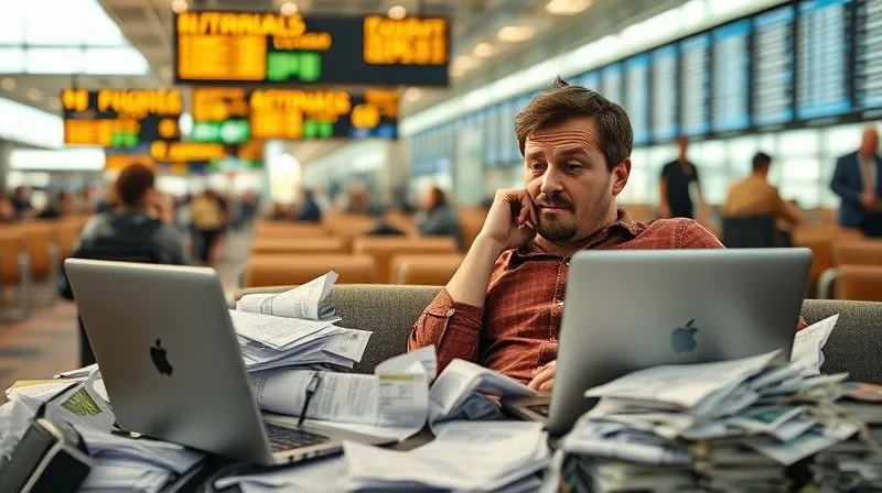 A photorealistic image of a digital nomad sitting in a bustling international airport lounge, looking stressed and overwhelmed while surrounded by piles of crumpled paper receipts and a laptop displaying complex spreadsheets. The background shows blurred departure boards and a sense of constant movement, emphasizing the chaos of managing finances on the go. Cinematic lighting, sharp focus on the nomad's expression and the financial clutter, depth of field, 8K hyper-detailed, professional photography, shot on a high-end DSLR.