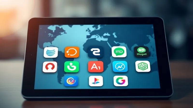 A photorealistic image showing a collage of multiple app icons for financial management (e.g., YNAB, Revolut, FreshBooks) neatly arranged on a modern tablet screen, with a blurred map of the world in the background, symbolizing global financial control. The scene is well-lit with cinematic lighting, sharp focus on the app icons, depth of field, 8K hyper-detailed, professional photography, shot on a high-end DSLR.