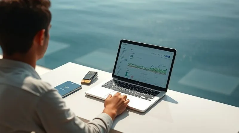 A photorealistic image of a digital nomad sitting calmly at a minimalist desk overlooking a serene ocean view, their laptop open displaying a clear and organized financial dashboard. A single, neatly arranged passport and a multi-currency card are visible. The scene exudes a sense of control and peace, contrasting with the previous image of chaos. Cinematic lighting, sharp focus on the organized elements, depth of field, 8K hyper-detailed, professional photography, shot on a high-end DSLR.
