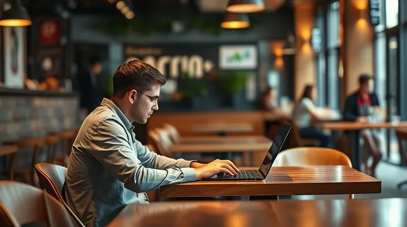 A photorealistic image of a person sitting alone at a laptop in a café, looking a bit isolated, with abstract digital lines connecting them to a distant, blurry team. The scene conveys a sense of both freedom and the potential for disconnection in remote work. Professional photography, 8K, cinematic lighting, sharp focus on the individual, depth of field blurring the background.