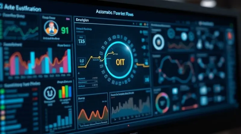 A photorealistic image of a complex digital dashboard displaying various metrics and workflow automation flows, with glowing lines connecting different icons representing communication, project management, and HR tools. The scene evokes efficiency and interconnectedness. Professional photography, 8K, cinematic lighting, sharp focus on the central dashboard, depth of field blurring the background.
