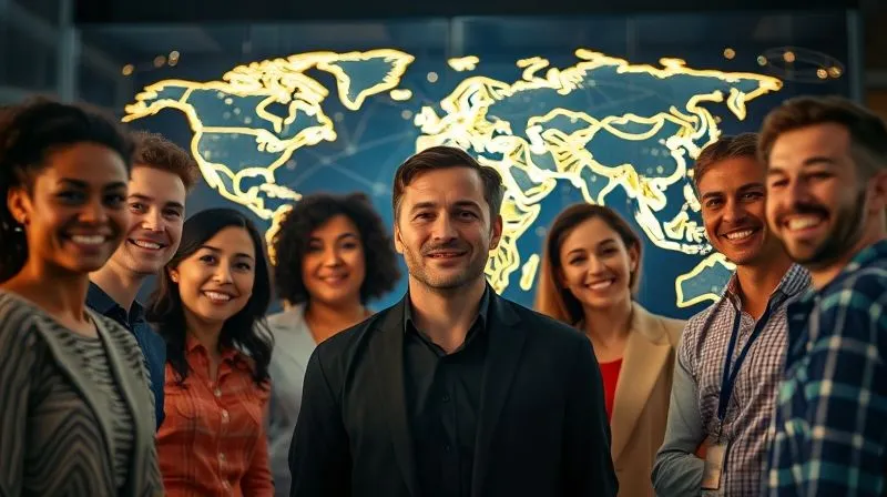 A photorealistic image of a diverse group of people from different parts of the world, connected by glowing lines on a world map, smiling and interacting through virtual screens. The central figure is a leader, looking supportive and engaged. Professional photography, 8K, cinematic lighting, sharp focus on the group, depth of field blurring the background.