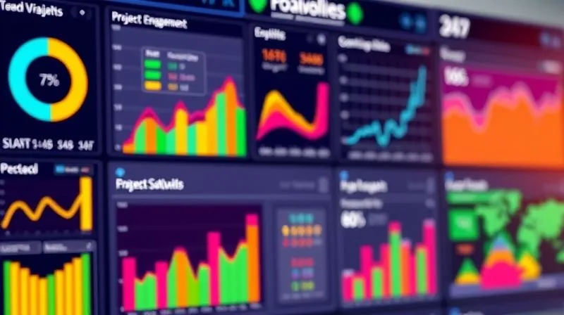 A photorealistic image of a vibrant, interactive digital dashboard displaying various colorful charts and graphs related to employee engagement, project completion rates, and team satisfaction. The data is presented clearly and dynamically, suggesting real-time insights. Professional photography, 8K, cinematic lighting, sharp focus on the dashboard, depth of field blurring the background.