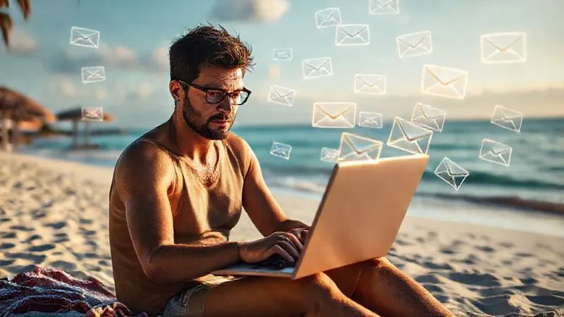 A photorealistic image of a person sitting on a beautiful beach, laptop open, but looking stressed and overwhelmed by numerous glowing email icons floating around them, despite the serene environment. Cinematic lighting, sharp focus on the person's face, depth of field blurring the background. 8K hyper-detailed, professional photography, shot on a high-end DSLR.