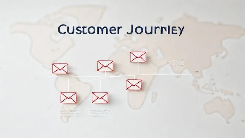 A photorealistic infographic style image showing a simplified customer journey funnel, with email icons at each stage (awareness, consideration, decision, retention), flowing smoothly. The background is a subtle map or globe, representing nomadic services. Professional photography, clean design, 8K, cinematic lighting, sharp focus.