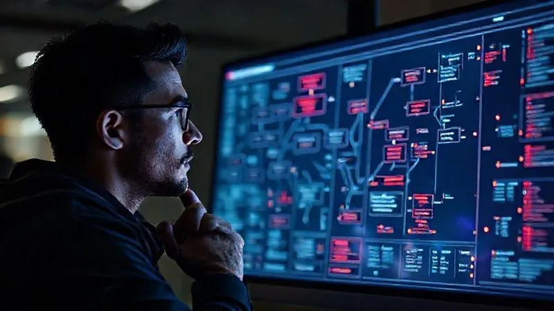 A photorealistic image of a digital nomad looking thoughtfully at a complex flowchart on a screen, with some nodes highlighted in red, indicating potential pitfalls or areas for simplification. The overall mood is one of problem-solving and strategic thinking. Cinematic lighting, sharp focus on the screen and the nomad's thoughtful expression. 8K hyper-detailed, professional photography, shot on a high-end DSLR.