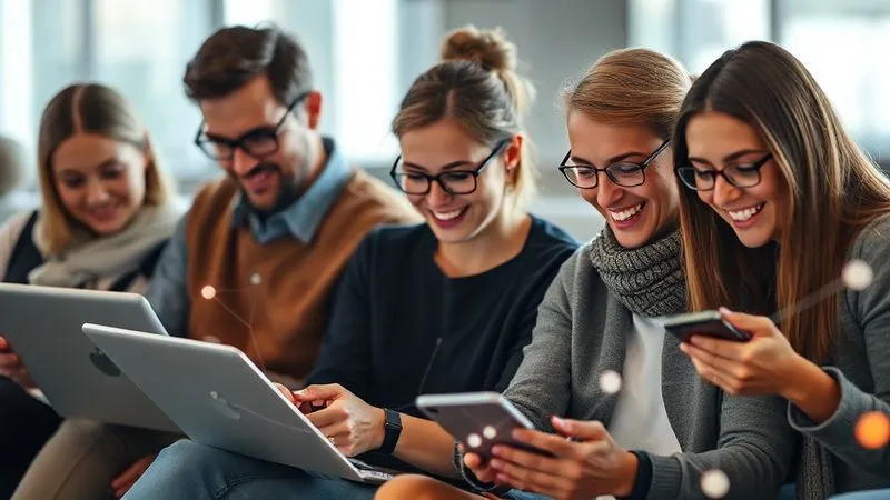 A photorealistic image of a diverse group of people from different countries (representing a global audience) looking engaged and happy while reading content on their devices (laptops, tablets, phones). A subtle network of glowing lines connects them, symbolizing personalized communication and automation. Cinematic lighting, sharp focus on the people's faces, depth of field blurring the background. 8K hyper-detailed, professional photography, shot on a high-end DSLR.