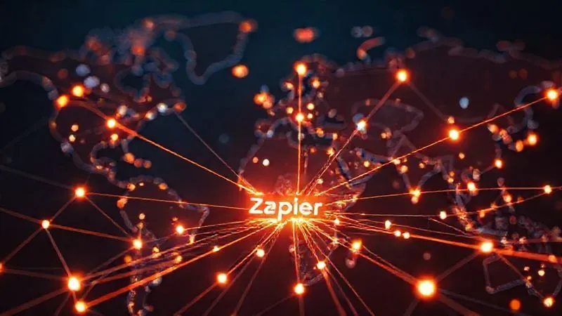 A photorealistic abstract visualization of interconnected digital applications, represented by glowing lines and nodes forming a complex network, with a central hub labeled 'Zapier'. The background is a subtle map of the world, suggesting global connectivity. Professional photography, 8K, cinematic lighting, sharp focus on the network, depth of field blurring the background. Shot on a high-end DSLR.