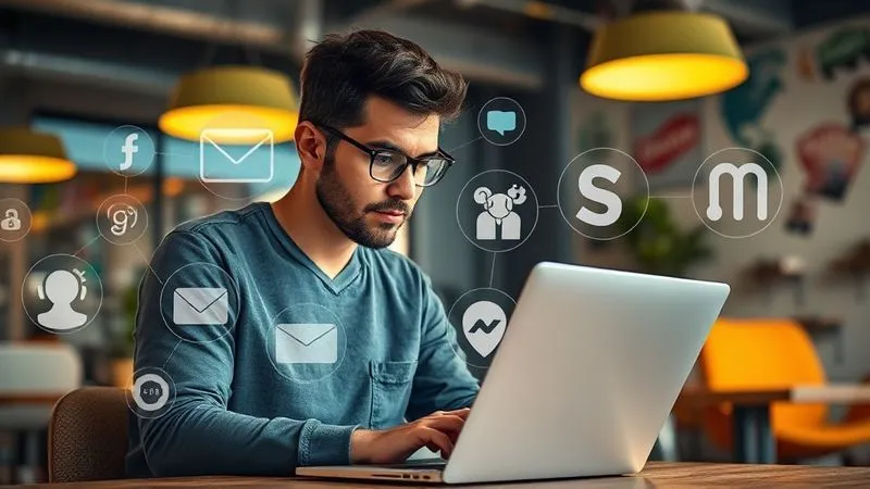 A photorealistic image showing a digital nomad working on a laptop in a vibrant co-working space, with a transparent overlay of data flowing between various app icons like Gmail, Slack, Trello, and Stripe, illustrating seamless automation. The person looks focused yet relaxed. Professional photography, 8K, cinematic lighting, sharp focus on the laptop and data flow, depth of field blurring the background. Shot on a high-end DSLR.