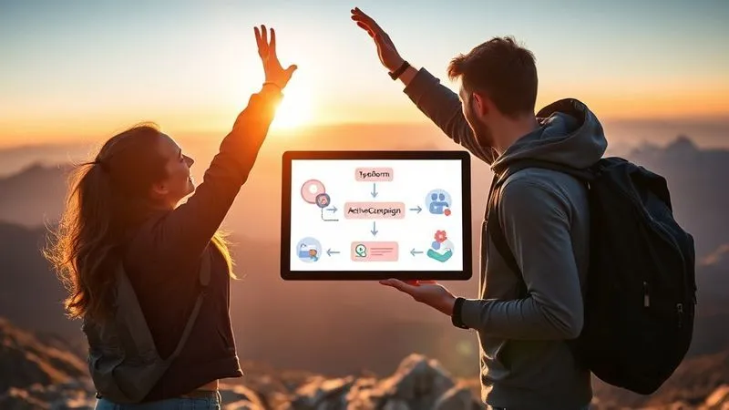 A photorealistic image of a joyful digital nomad couple (Ana and Bruno) high-fiving on a mountain peak, with a tablet displaying a simplified workflow diagram of connected apps like Typeform, ActiveCampaign, and Slack. The background shows a breathtaking landscape. Professional photography, 8K, cinematic lighting, sharp focus on the couple and tablet, depth of field blurring the distant mountains. Shot on a high-end DSLR.