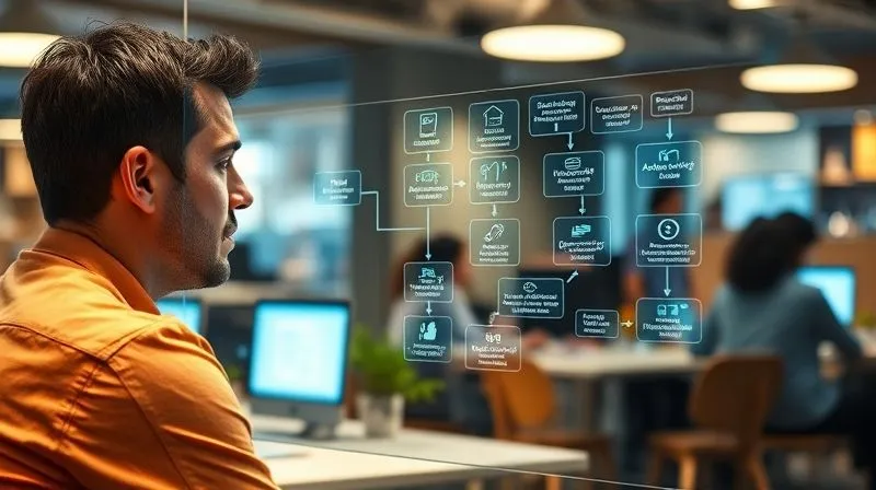 A photorealistic image of a person sitting in a vibrant co-working space, looking at a digital flowchart on a transparent screen, with various icons representing different automated tasks. The person has a focused, determined expression, and the background shows a bustling but organized office environment. Cinematic lighting, sharp focus on the screen and person's face, depth of field, 8K hyper-detailed.