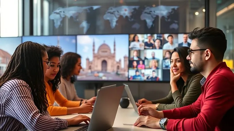 A photorealistic image of a vibrant, multi-ethnic team of digital nomads collaborating seamlessly across different time zones, depicted through overlapping screens and video calls, with a backdrop of iconic global landmarks. The atmosphere is energetic and productive, emphasizing connection and efficiency. Cinematic lighting, sharp focus on the team members' faces, depth of field, 8K hyper-detailed.