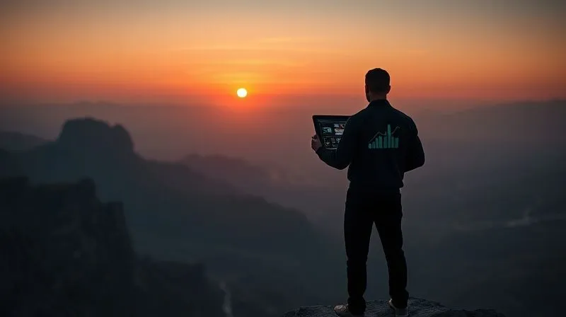 A photorealistic image of a person standing on a cliff overlooking a vast, inspiring landscape at sunrise, holding a tablet displaying complex flowcharts and data visualizations. The person's silhouette is strong and confident, symbolizing mastery and foresight. The scene evokes a sense of accomplishment and limitless possibilities. Cinematic lighting, sharp focus on the person and tablet, depth of field blurring the distant landscape, 8K hyper-detailed.