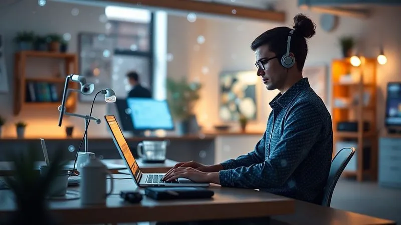 A photorealistic image of a digital nomad working efficiently on a laptop in a serene, organized workspace, with a futuristic, almost ethereal network of automated tasks flowing around them, cinematic lighting, sharp focus on the individual and the serene environment, depth of field blurring the background, 8K hyper-detailed, professional photography, shot on a high-end DSLR.