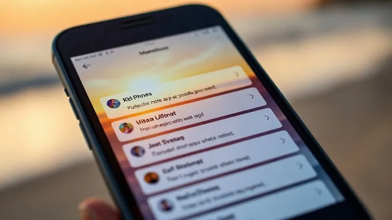 A photorealistic close-up of a smartphone screen displaying multiple push notifications from project management apps, with a blurred background of a serene beach at sunset, implying work-life balance through automation. Cinematic lighting, sharp focus on the phone screen, depth of field, 8K hyper-detailed, professional photography, shot on a high-end DSLR.