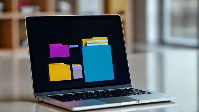 A well-organized digital file system visually represented, with color-coded folders and files on a screen, reflecting order and efficiency. The screen is on a modern, minimalist laptop. Photorealistic, professional photography, 8K, cinematic lighting, sharp focus, depth of field, shot on a high-end DSLR.