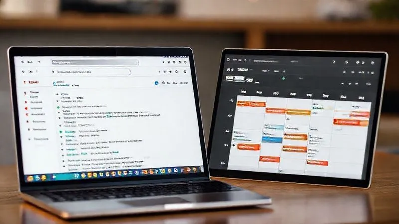 A split screen showing a perfectly organized Gmail inbox with colored labels and a Google Calendar displaying events across multiple time zones, symbolizing seamless scheduling. The screen is on a modern, minimalist laptop. Photorealistic, professional photography, 8K, cinematic lighting, sharp focus, depth of field, shot on a high-end DSLR.