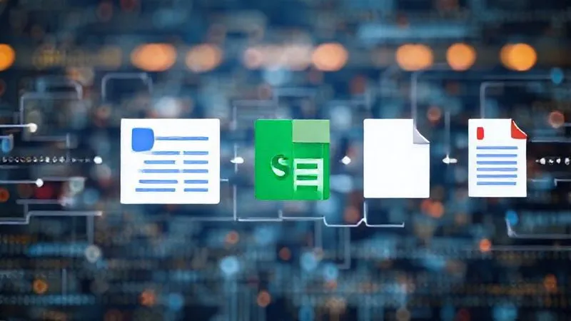 A stylized visual representation of data flowing automatically between Google Forms, Sheets, and Docs, with lines of code (Apps Script) subtly integrated in the background, depicting complex automation. The imagery should convey efficiency and interconnectedness. Photorealistic, professional photography, 8K, cinematic lighting, sharp focus, depth of field, shot on a high-end DSLR.
