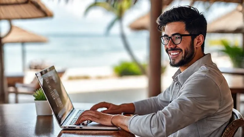 A smiling digital nomad (João) working efficiently on a sleek laptop in a serene, exotic location like a beachside cafe in Bali, with a clean and organized digital interface on screen, representing the successful outcome of automation. He looks relaxed and productive. Photorealistic, professional photography, 8K, cinematic lighting, sharp focus, depth of field, shot on a high-end DSLR.