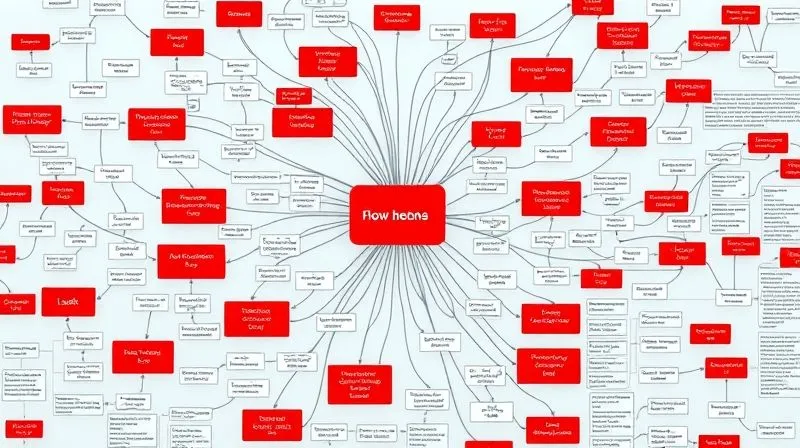 A photorealistic intricate flowchart depicting a complex digital nomad's daily workflow, with various tasks represented by interconnected nodes. Highlighted in red are 'bottlenecks' and 'repetitive tasks' clearly labeled. The overall image should convey a sense of a busy but organized system. Cinematic lighting, sharp focus, 8K, professional photography, shot on a high-end DSLR.