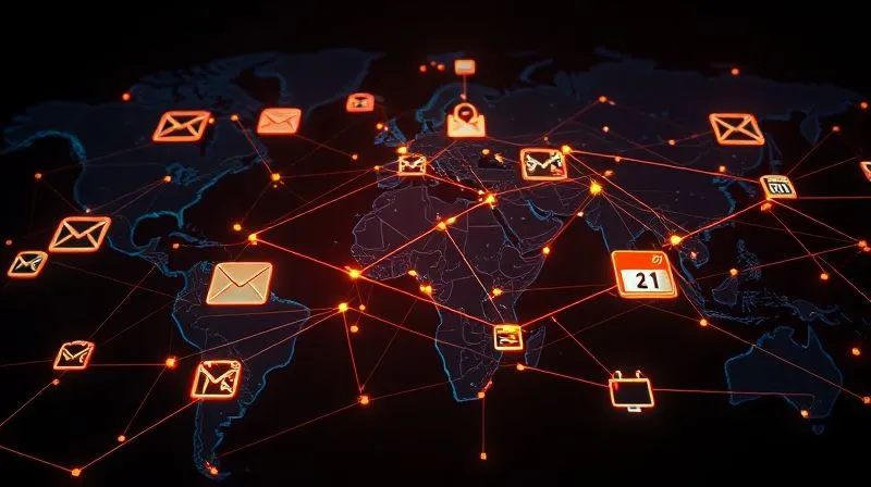 A photorealistic intricate network of glowing digital lines connecting various icons representing different software applications (e.g., email, project management, CRM, calendar) against a backdrop of a global map. The lines pulsate with energy, symbolizing seamless data flow and automation. Cinematic lighting, sharp focus, 8K, professional photography, shot on a high-end DSLR.