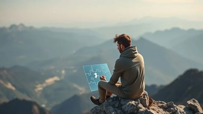 A photorealistic image of a digital nomad sitting on a mountain peak, calmly overlooking a vast landscape, with a small, intricate digital puzzle being pieced together on a transparent screen in front of them. The puzzle pieces represent workflow challenges, and the nomad's expression is one of thoughtful problem-solving and triumph. Cinematic lighting, sharp focus, 8K, professional photography, shot on a high-end DSLR.